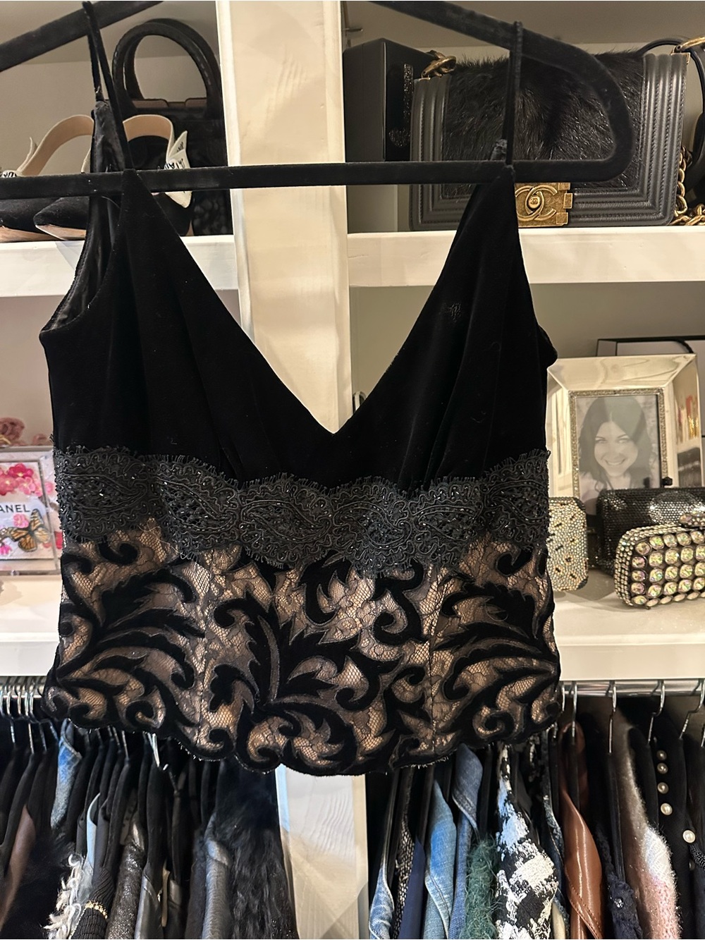 Carmen Marc Valvo Black Velvet Evening Top with Gold Lining